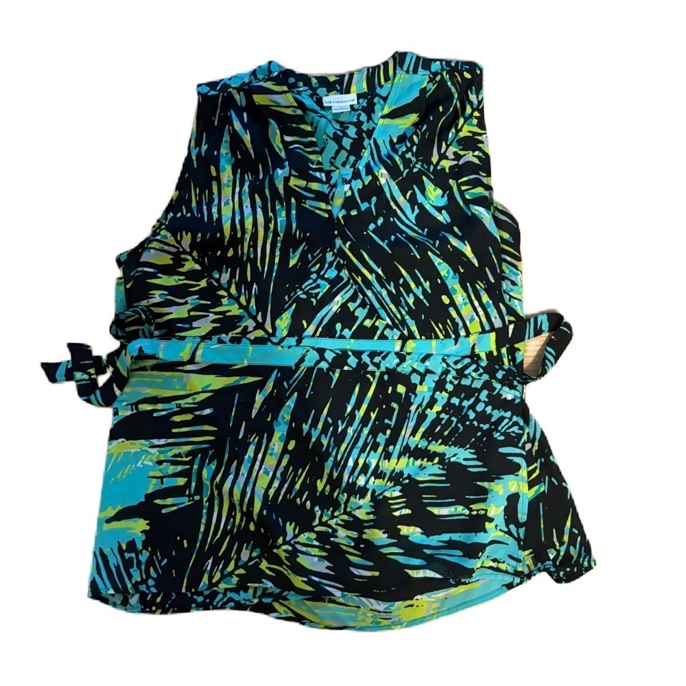 Liz Claiborne Tropical Palm Tree Print Tank Top Blouse XL Faux Wrap Waist Tie